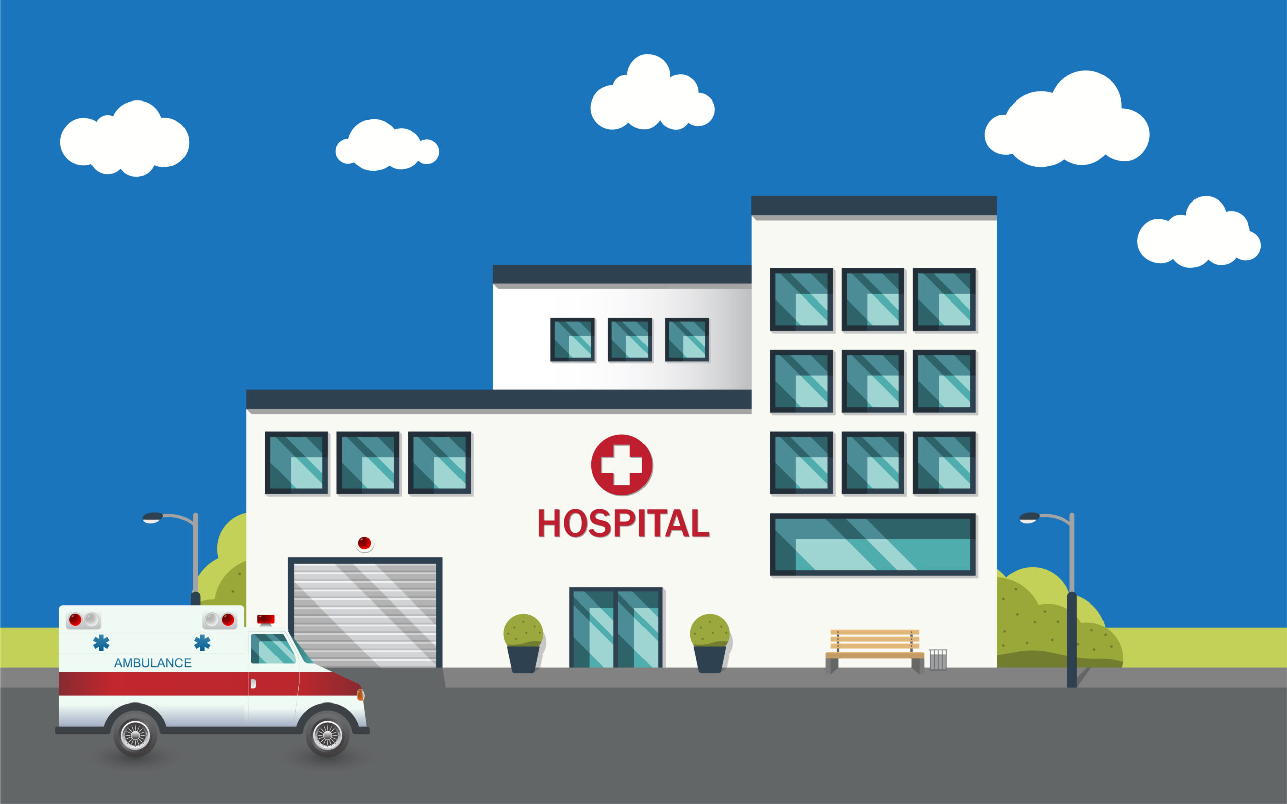 Panoramic background with hospital building and ambulance car in flat style. Medical concept, vector illustration.